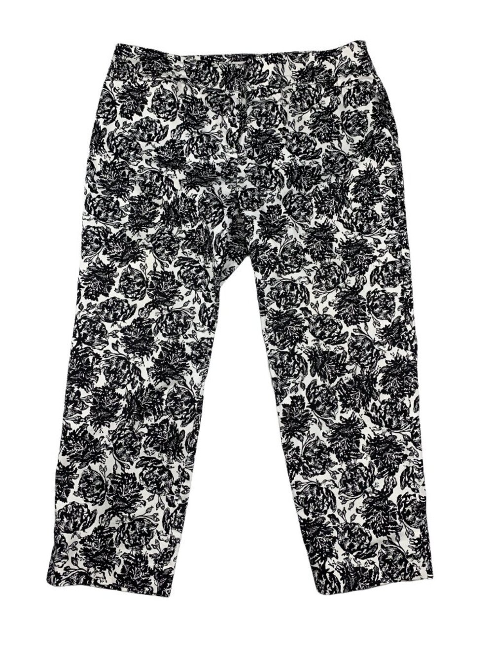 Chicos Black & White Floral Print Cropped Pants Size 10 Cotton Blend Stretch Com